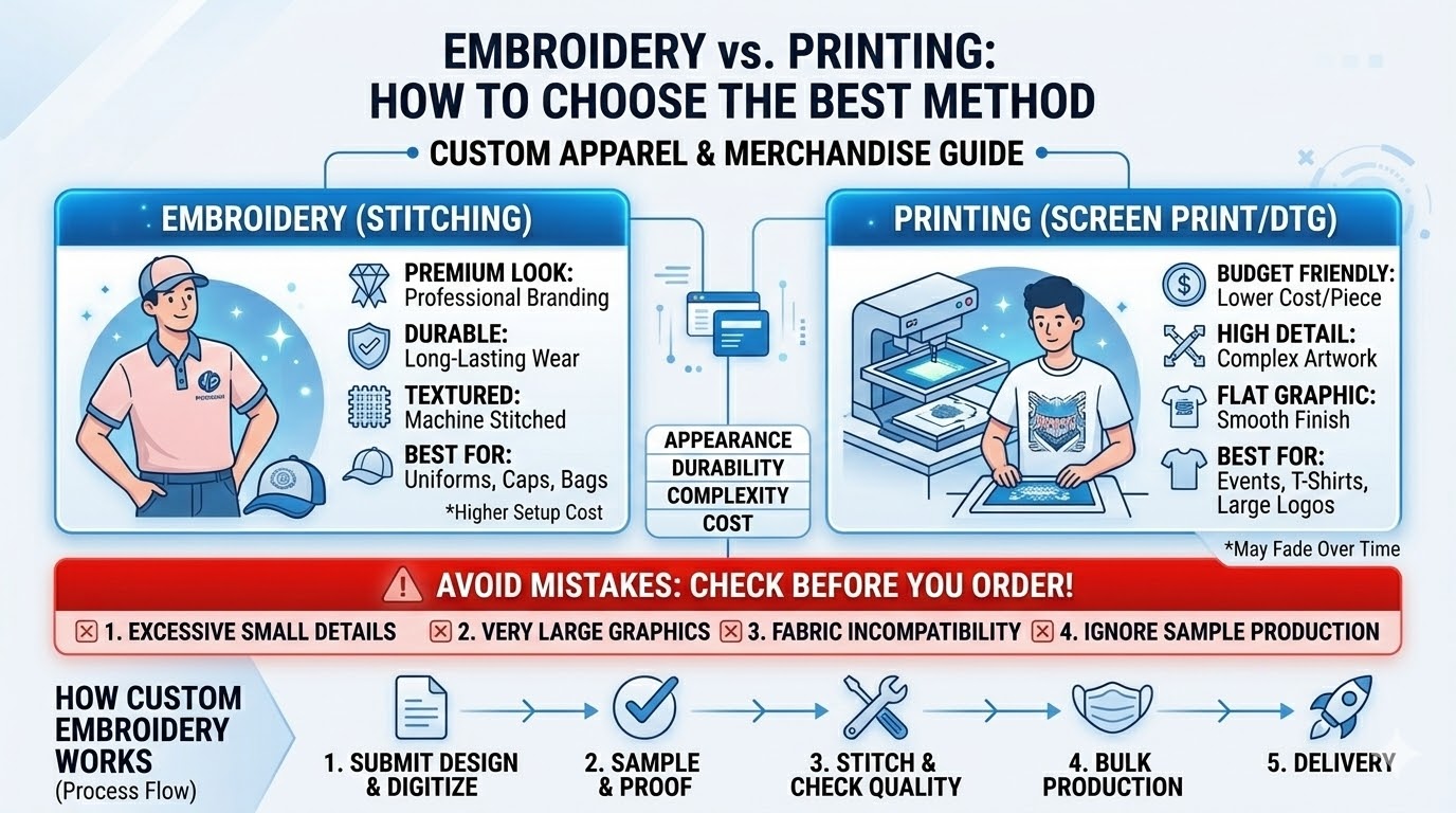 Are you deciding between custom embroidery and apparel printing for your branding needs? This comprehensive guide compares the professional, durable, and textured look of machine stitching against various printing methods, detailing differences in cost, durability, and design complexity. We explore popular use cases like corporate uniforms and promotional gear, outline the digitizing and production process, and highlight common mistakes to help you select the best apparel customization solution for long-term wear or budget-focused projects.